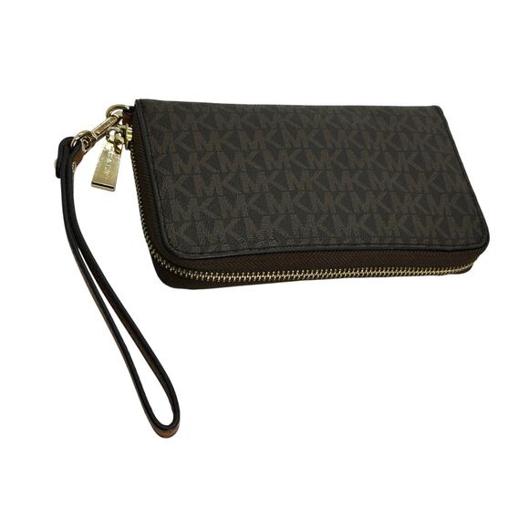 Michael Kors Brown Leather MK Logo, ID Credit Card Coin Purse with Wrist Strap - Picture 2 of 10